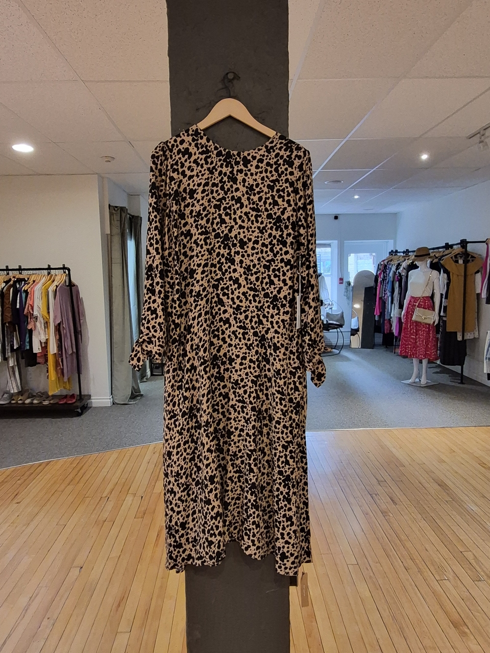 Reformation Black on Brown Long-Sleeve Animal-Print Midi Dress